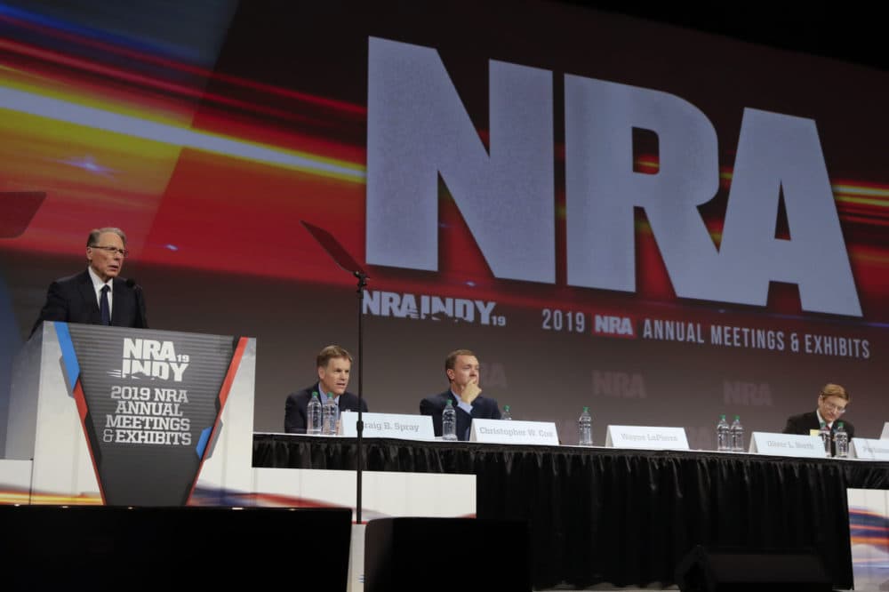 National Rifle Association Executive Vice President Wayne LaPierre speaks at the NRA Annual Meeting of Members in Indianapolis, Saturday, April 27, 2019. On Saturday, retired Lt. Col. Oliver North has announced that he will not serve a second term as president of the NRA amid inner turmoil in the gun-rights group. (Michael Conroy/AP)