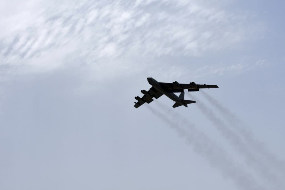 In this Sunday, May 12, 2019 photo released by the U.S. Air Force, a U.S. Air Force B-52H Stratofortress aircraft assigned to the 20th Expeditionary Bomb Squadron takes off from Al Udeid Air Base, Qatar. (Staff Sgt. Ashley Gardner, U.S. Air Force via AP)