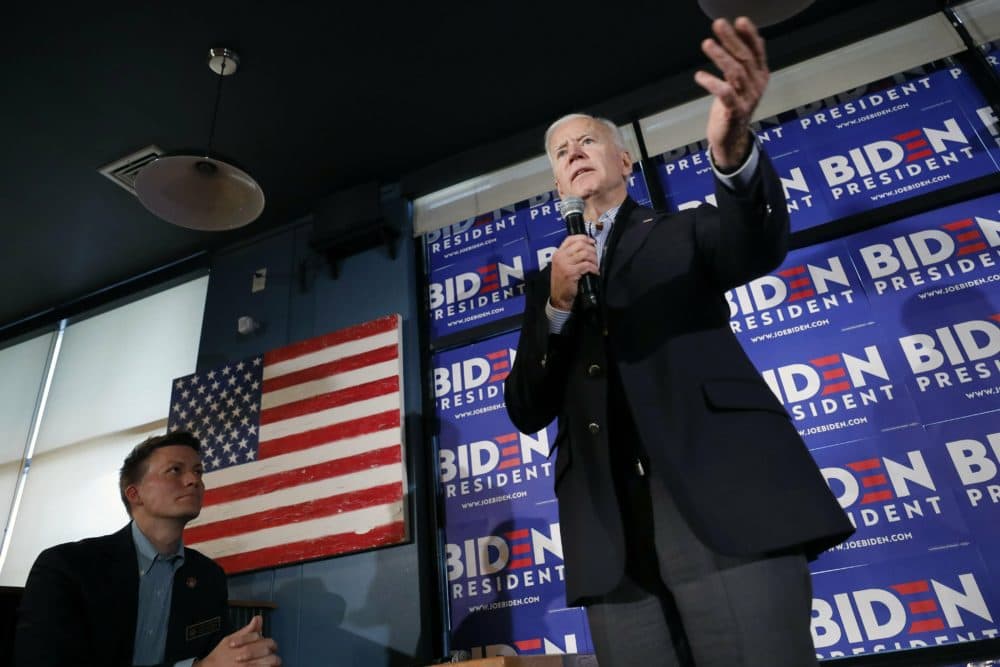 Joe Biden addresses a crowd at the Community Oven restaurant, marking his first visit to N.H. since launching his presidential campaign. (Michael Dwyer/AP)