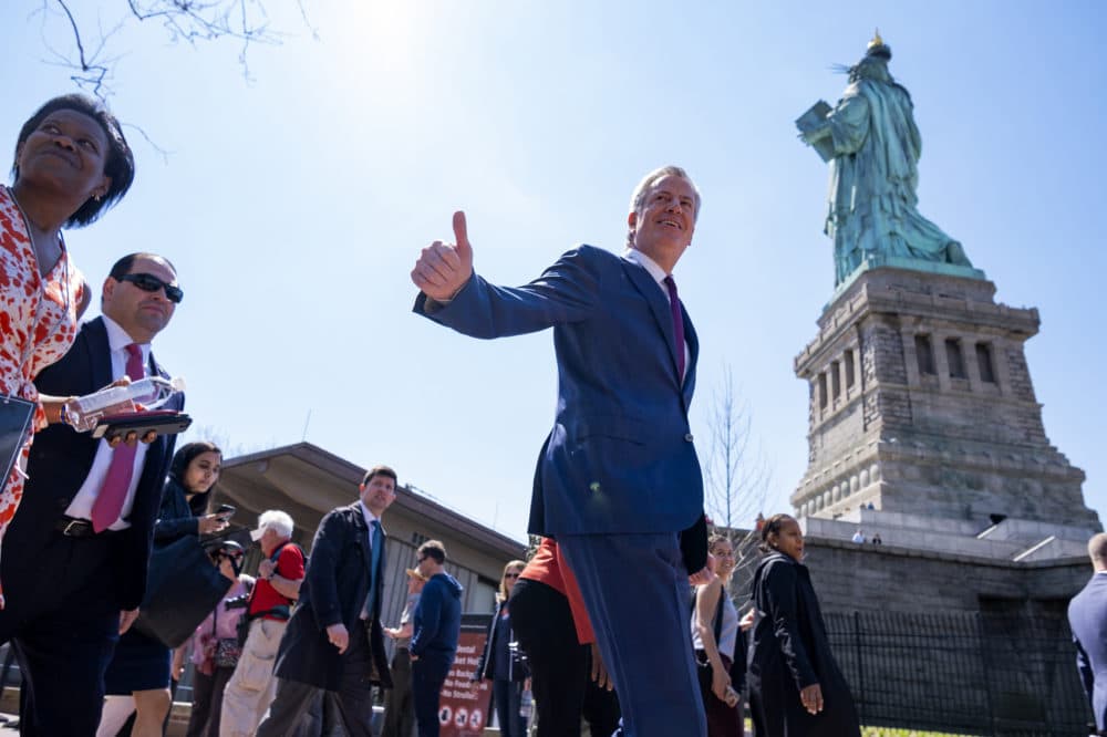New York Mayor Bill de Blasio arrives for the official dedication ceremony of the Statue of Liberty Museum on Liberty Island Thursday, May 16, 2019, in New York. De Blasio announced Thursday that he will seek the Democratic nomination for president. (Craig Ruttle/AP)