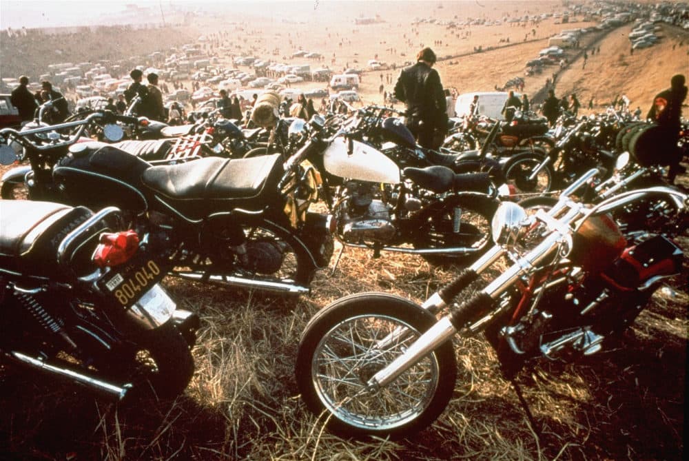 Motorcycles crowd the field at the Altamont Speedway in Livermore, California, on Dec. 8, 1969. The Hells Angels motorcycle club was hired as bouncers. (AP)
