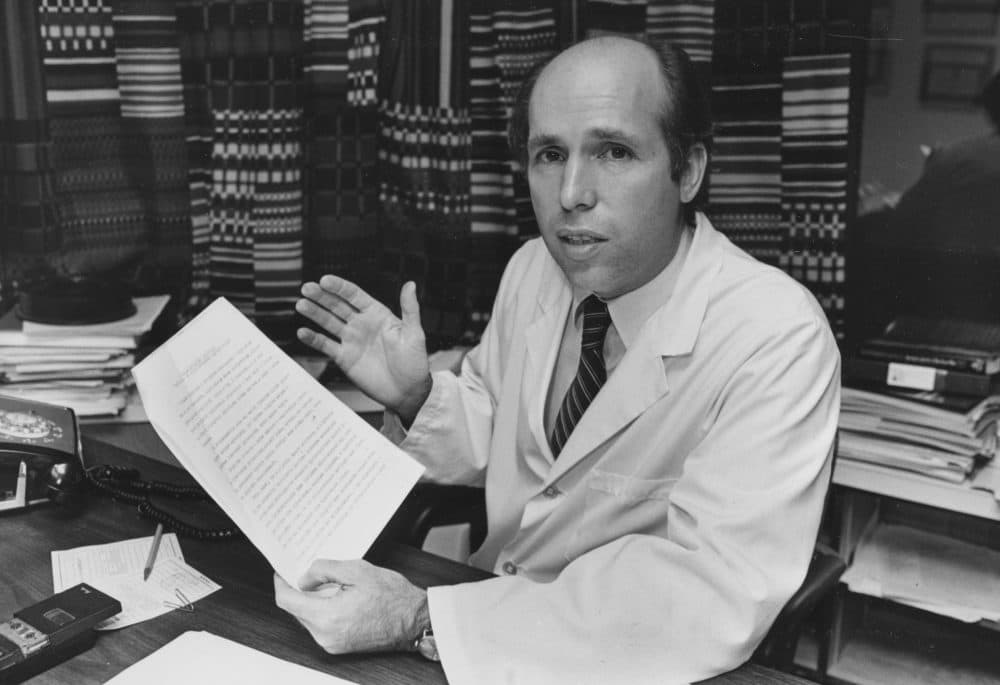 Dr. James Muller, then-secretary of the International Physicians for Prevention of Nuclear War, is seen in his Boston office in 1983. Two years later the group won the Nobel Peace Prize. (Elise Amendola/AP)