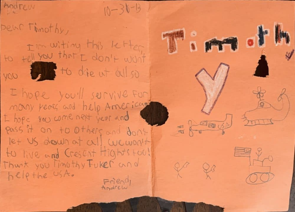 A letter from Andrew, a student at Crescent Heights Language Arts Social Justice Magnet, sent to Timothy Tucker. (Photo courtesy of Timothy Tucker)