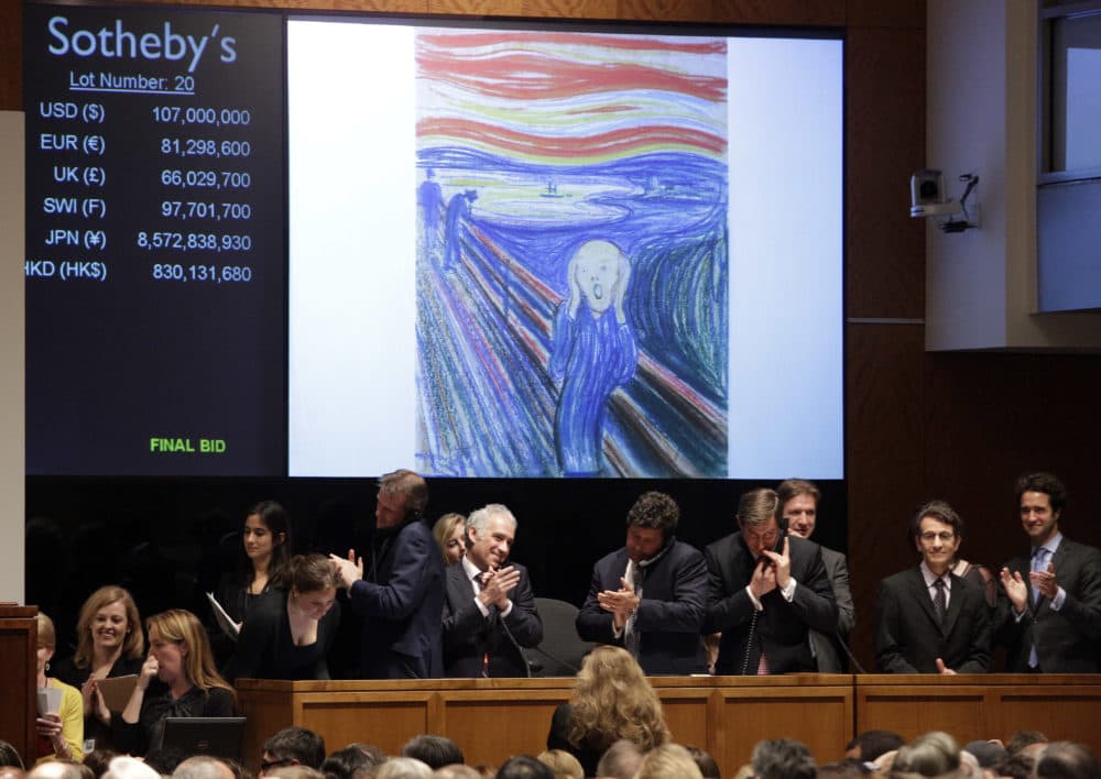 Edvard Munch's &quot;The Scream&quot; is auctioned at Sotheby's May 2, 2012, in New York. The image is one of four versions created by the Norwegian expressionist painter, and the only one left in private hands. The hammer price was $107 million. (Frank Franklin II/AP)