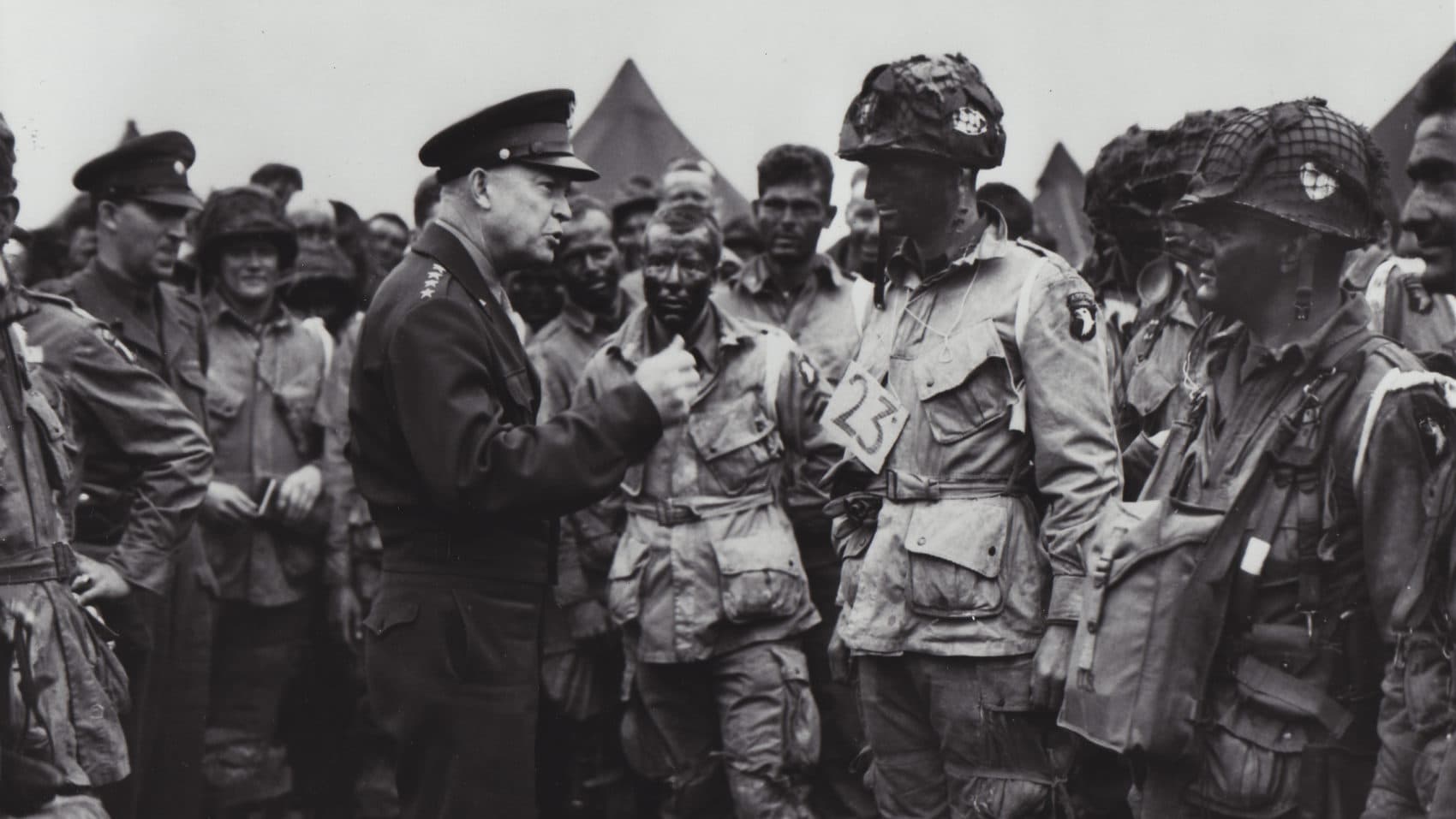 General Dwight D. Eisenhower addresses troops before the D-Day invasion of Normandy. (Courtesy of The National WWII Museum)