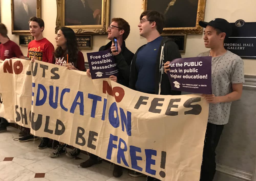 The UMass Amherst students want an increase in state aid to public colleges and to make public college debt free for Massachusetts residents. (Kathleen McNerney/WBUR)