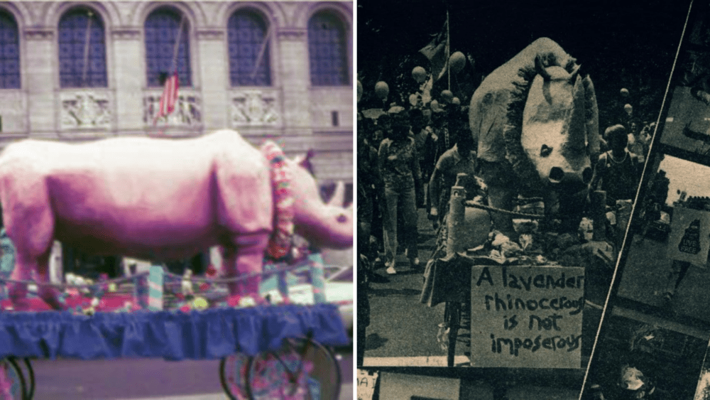 These pictures show the papier-mâché Lavender Rhino that marchers pushed along the route of Boston Pride in 1974.
