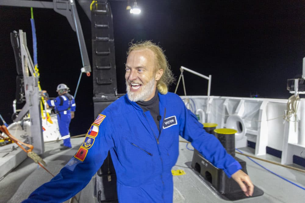 Victor Vescovo emerges from his submersible &quot;Limiting Factor&quot; after a successful dive to the deepest known point in the Challenger Deep. (Tamara Stubbs/Courtesy of Discovery)