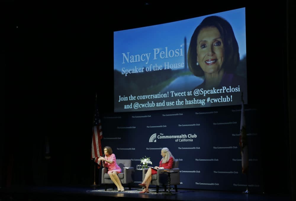 Speaker of the House Nancy Pelosi, D-Calif., gestures while speaking to the Commonwealth Club as moderator and club President Gloria Duffy, right, listens Wednesday, May 29, 2019, in San Francisco. (Eric Risberg/AP)