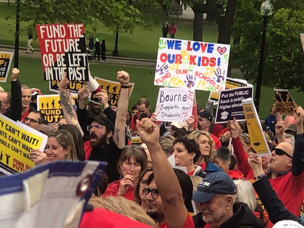 Hundreds of teachers, parents and school advocates demonstrated Thursday, May 16, in Boston in support of legislation to boost school funding. (Courtesy the Massachusetts Teachers Association via Facebook)
