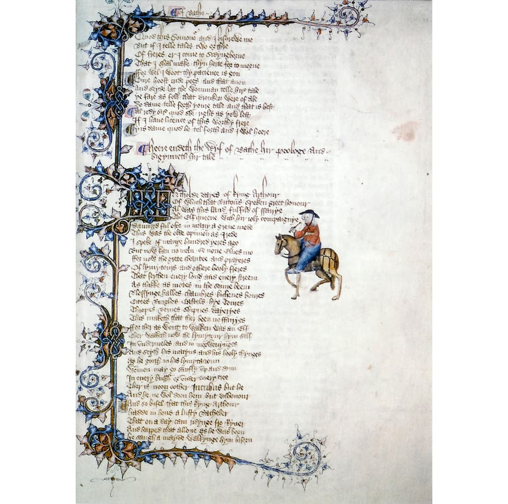 Opening page of &quot;The Wife of Bath's Prologue Tale,&quot; from the Ellesmere manuscript of Geoffrey Chaucer's &quot;Canterbury Tales.&quot; (Public Domain)