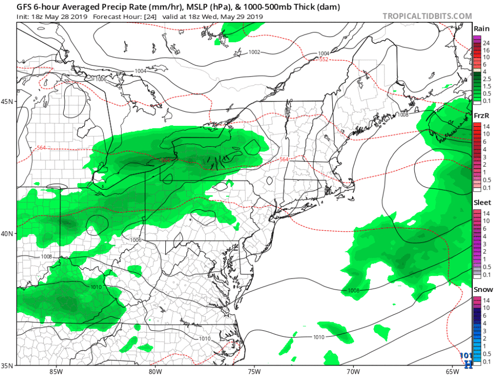 Areas of showers cross New England a few times the rest of the week. (Courtesy Tropical Tidbits)