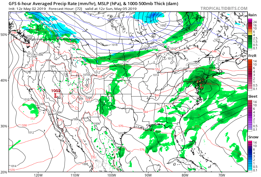 Wet weather will be caused by low pressure over the mid-Atlantic region later this weekend. (Courtesy Tropical Tidbits)