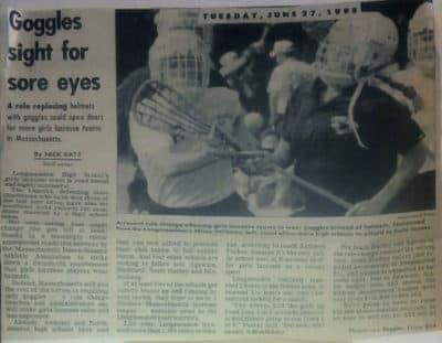 A 1995 clipping announcing that helmets would be replaced with protective eyewear. (Courtesy Kathy Tomassetti)