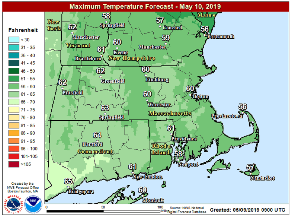 Highs Saturday reach well in the 60s in most areas. (Courtesy NOAA)