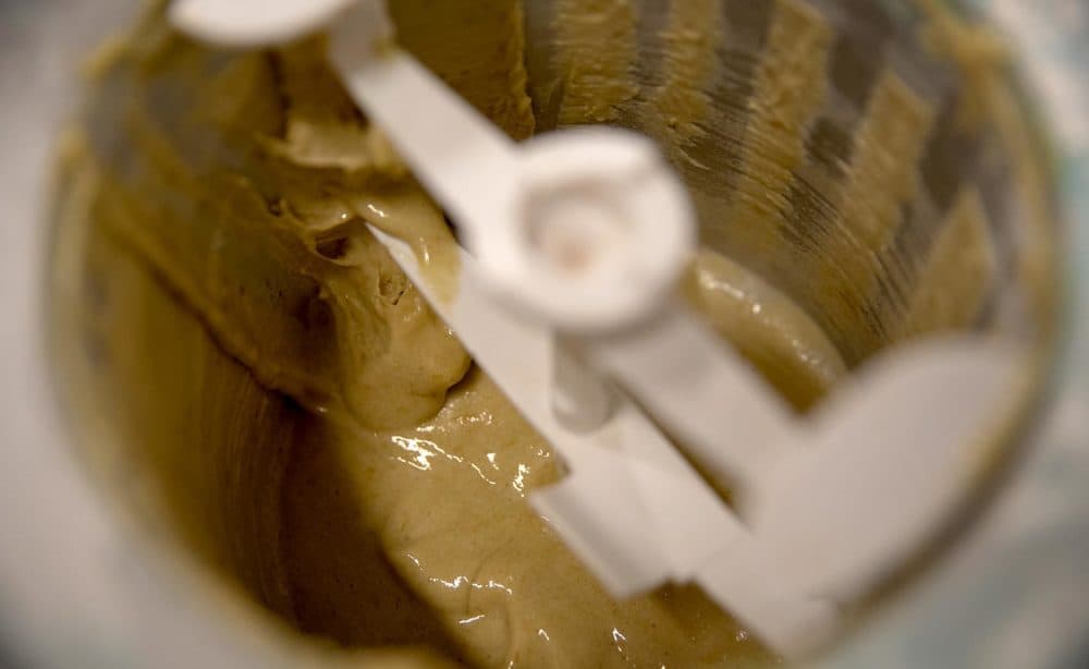 The final batch of knotweed sorbet rests after being whirred up in an ice cream maker at Toscanini's. (Robin Lubbock/WBUR)