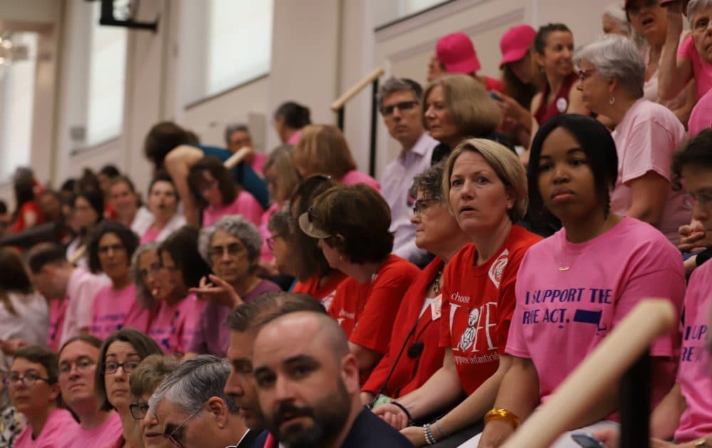Backers and critics of the so-called ROE Act, which would legalize abortions after 24 weeks under certain circumstances, sat next to each other wearing color-coded shirts in the Gardner Auditorium on Monday as a public hearing on the bill got underway. (Sam Doran/SHNS)