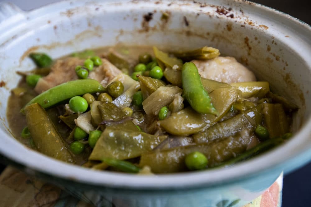 Kathy's braised chicken with leeks and peas three ways. (Jesse Costa/WBUR)