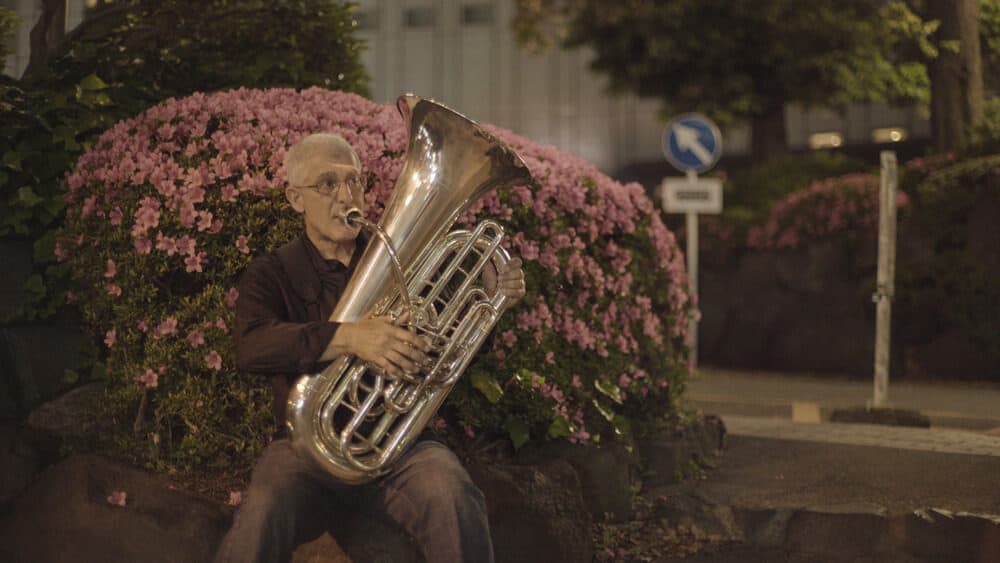 Brass musician Sam Pilafian plays the tuba in Tokyo. (Courtesy Pablo Camacho via Boston Brass)