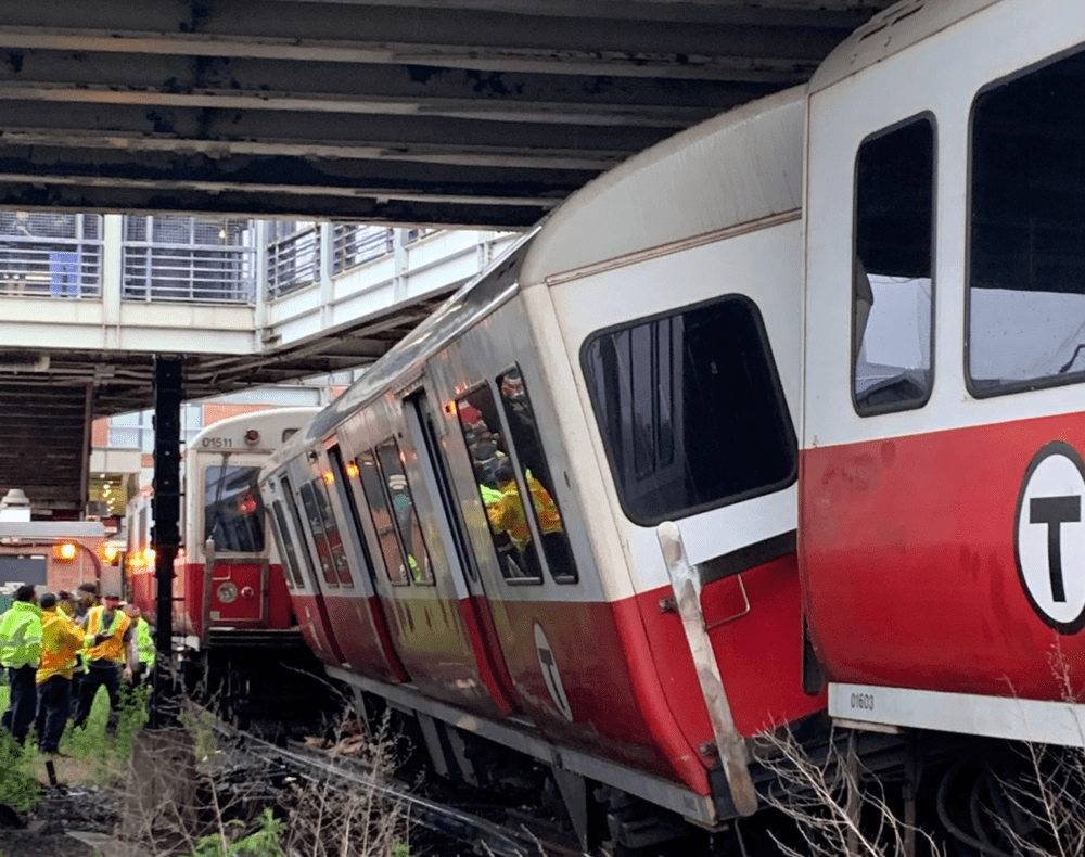 An MBTA Red Line train derailed just outside of JFK/UMass Station earlier this month. (Courtesy Boston Fire Department)