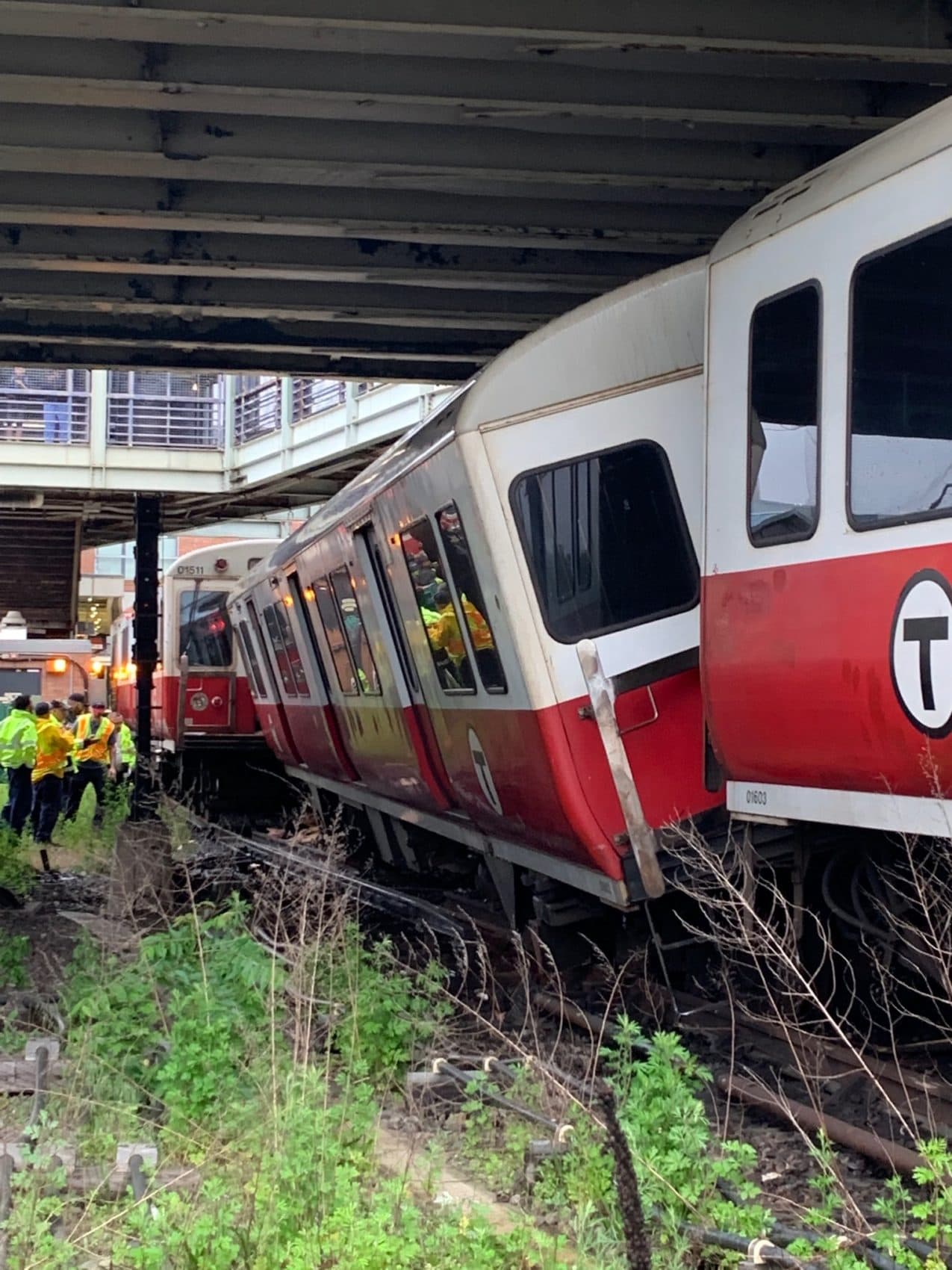 An MBTA Red Line train was derailed just outside of JFK/UMass Station Tuesday morning. (Courtesy Boston Fire Department)