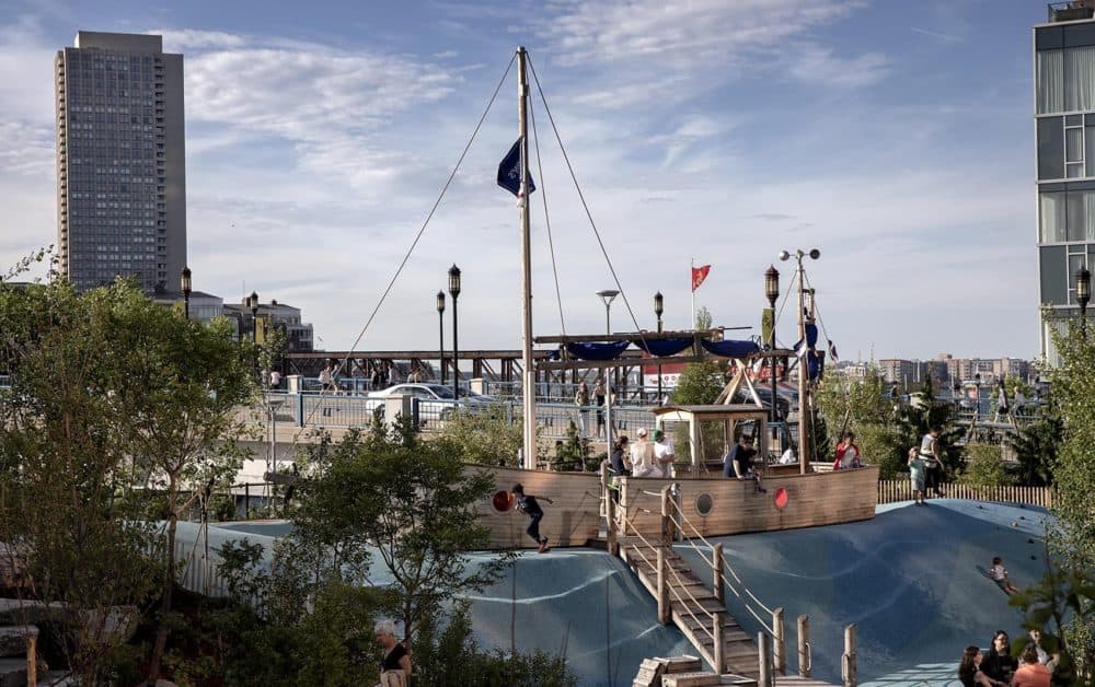 The centerpiece of the newly unveiled Martin's Park on the Boston waterfront is a wooden fishing boat. (Robin Lubbock/WBUR)