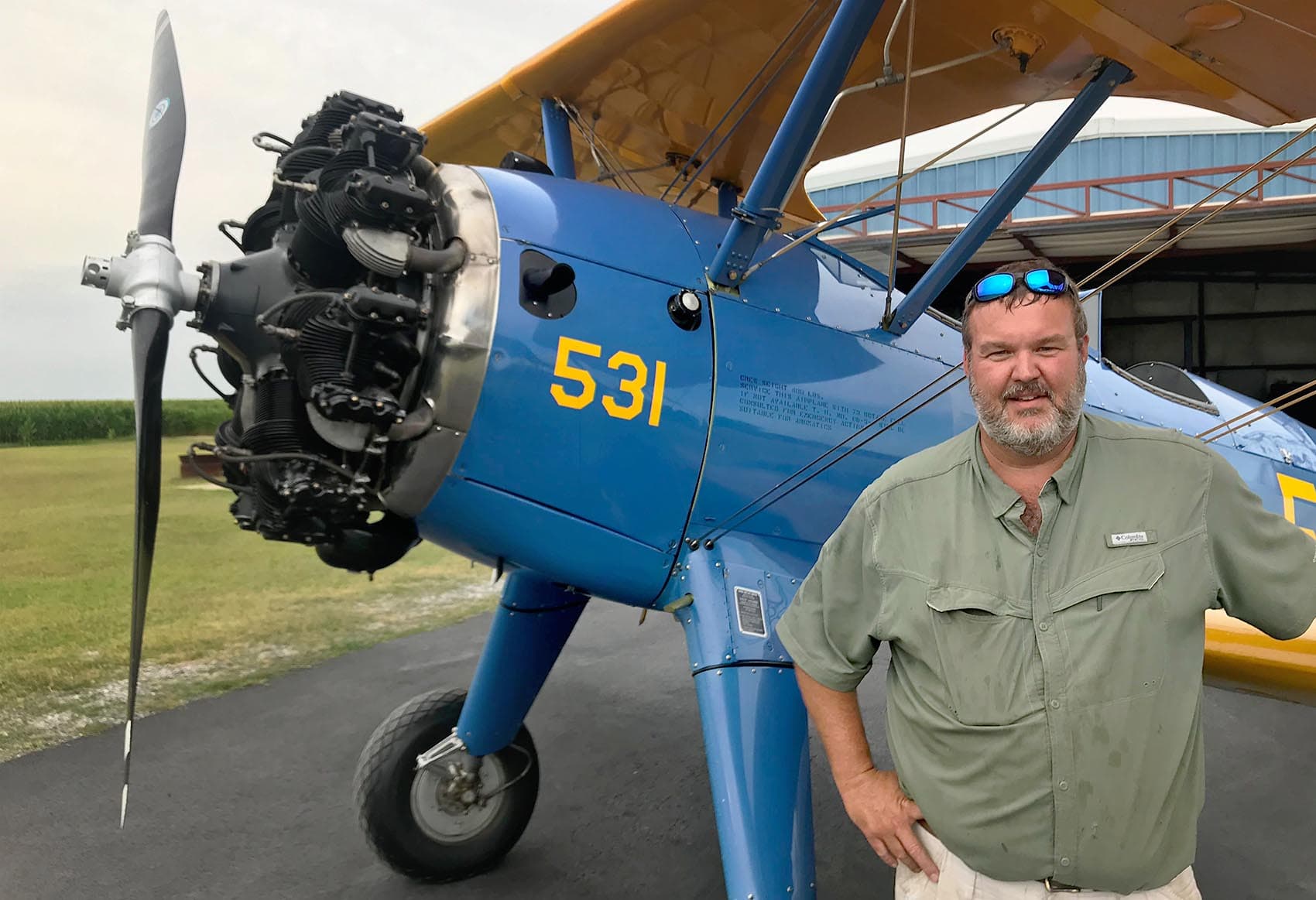After World War II, Jason Wade says this biplane was converted into a crop duster by the company that would eventually become Delta Airlines. Nearly 80 years after it was first built, Wade has meticulously maintained it. "They're just good old stable airplanes," he says. (Peter O'Dowd/Here & Now)