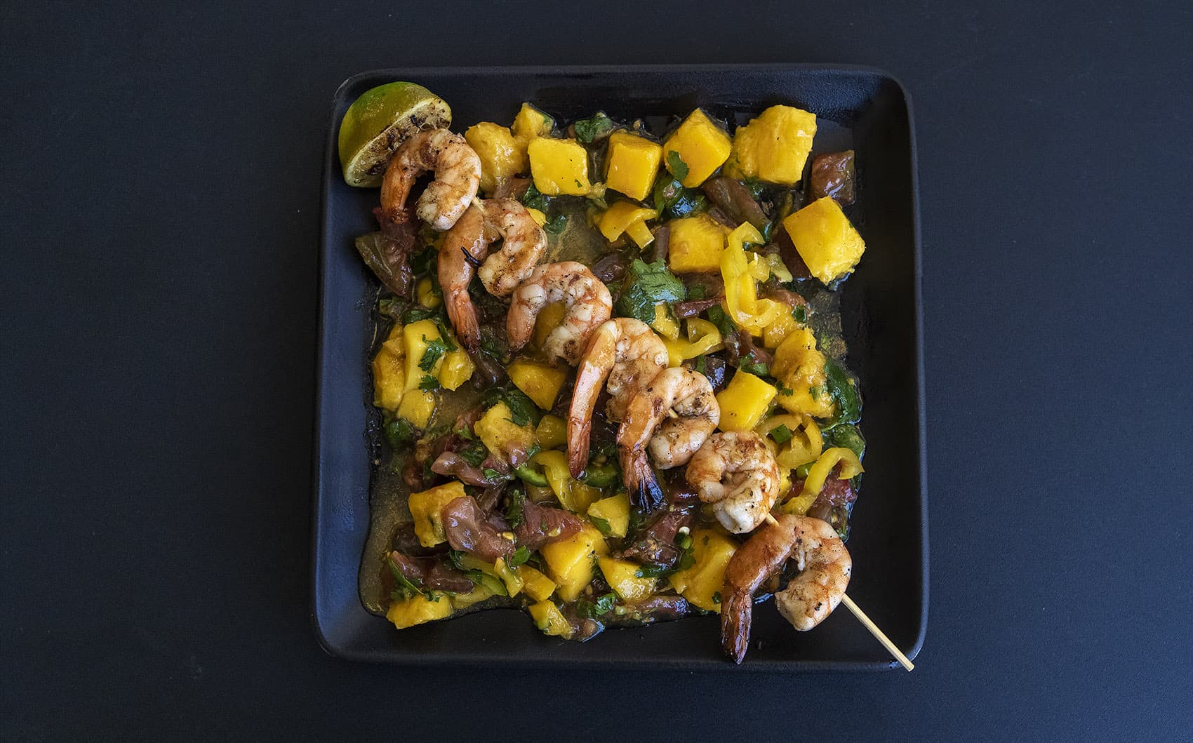 Mango salsa with grilled shrimp (Jesse Costa/WBUR)