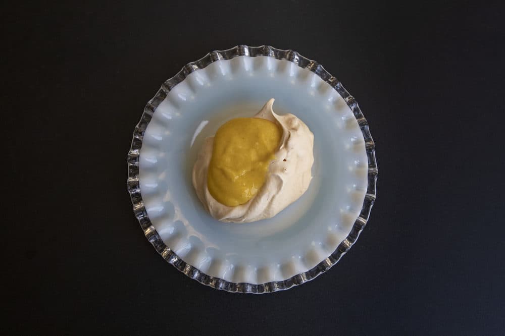 Meringue cookies with mango-lime-orange curd (Jesse Costa/WBUR)