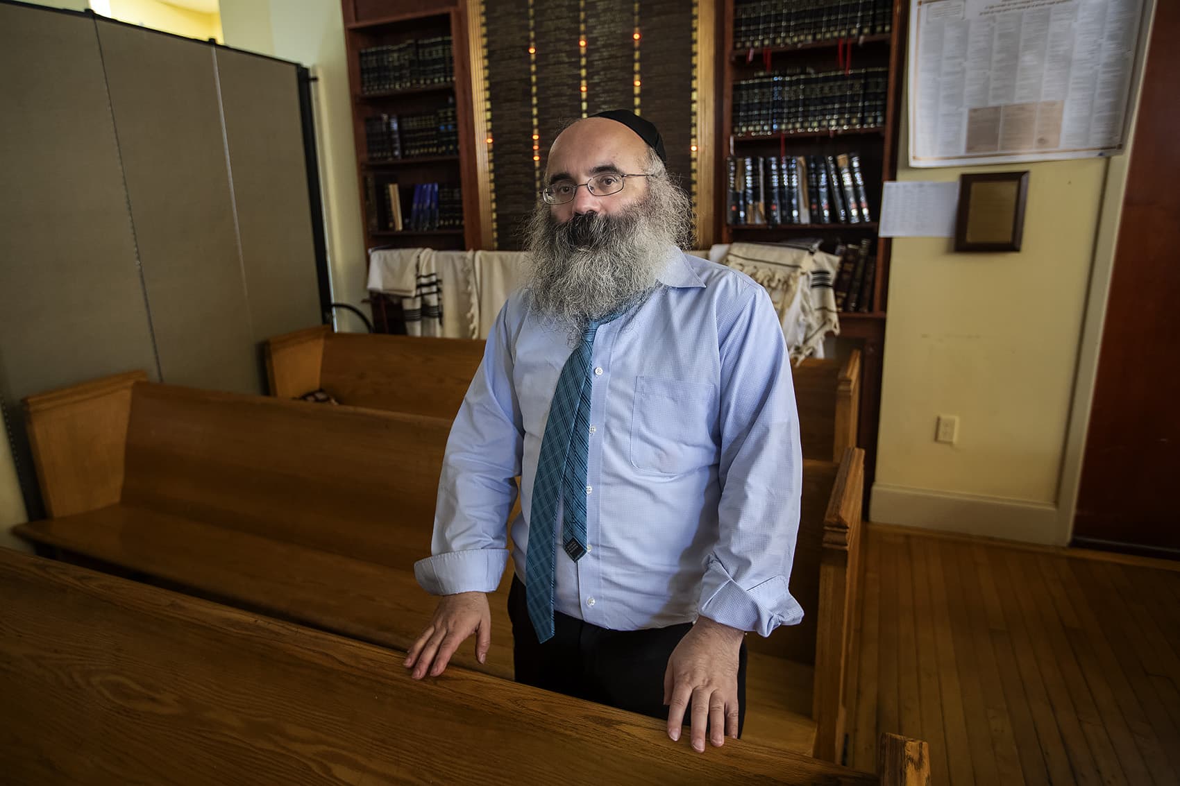Rabbi Dan Rodkin in the temple at Shaloh House in Brighton. (Jesse Costa/WBUR)