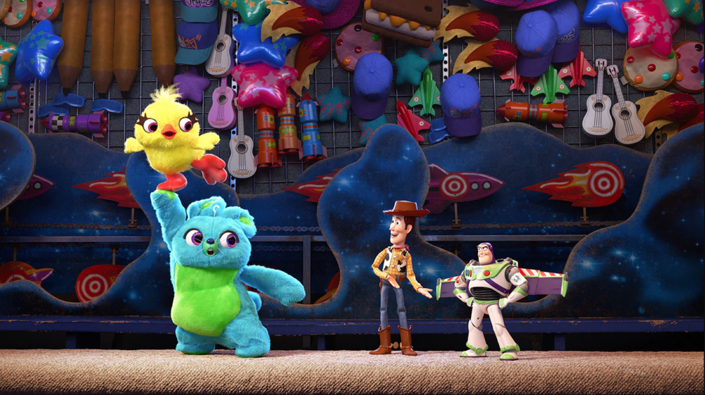 Ducky and Bunny (voiced by Keegan-Michael Key and Jordan Peele) with Woody and Buzz Lightyear (voiced by Tom Hanks and Tim Allen) in &quot;Toy Story 4.&quot; (Courtesy Disney/Pixar)