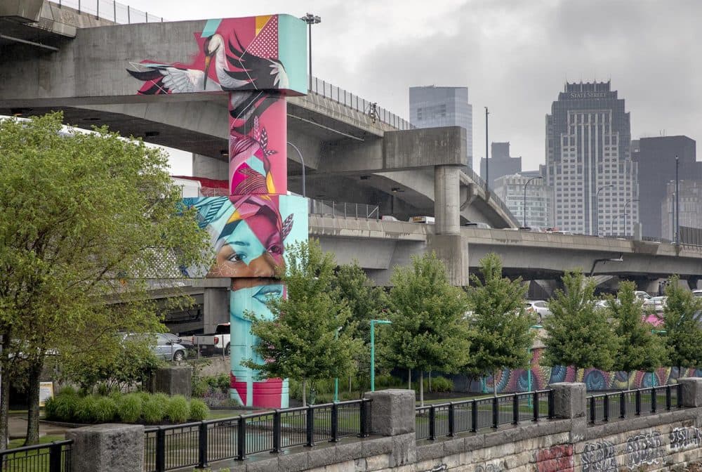 Marka27's mural, seen from the Traveler Street bridge. (Robin Lubbock/WBUR)