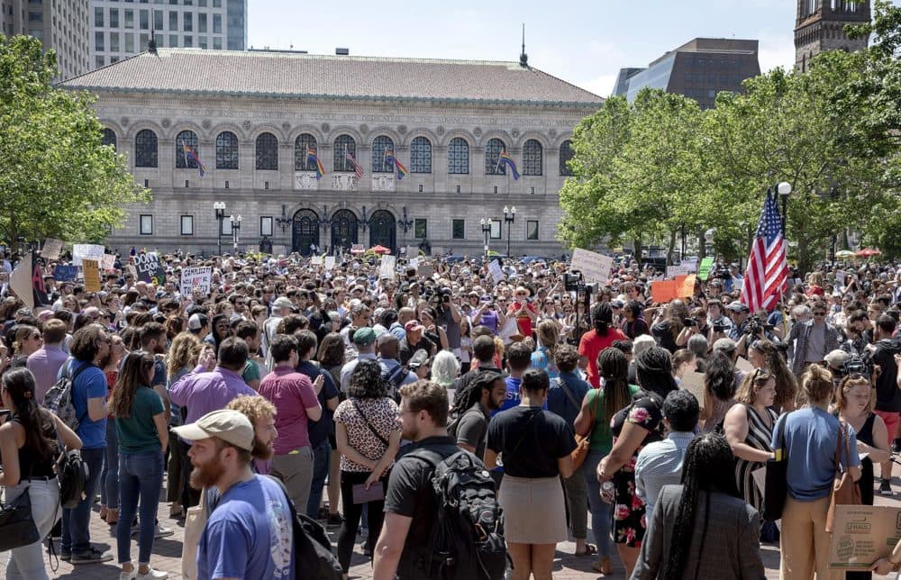 A crowd gathered in Copley Square to support Wayfair staffers who walked out. (Robin Lubbock/WBUR)