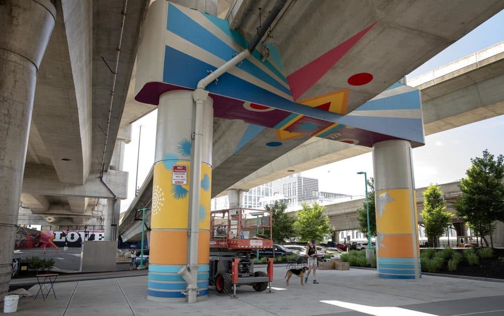 Silvia López Chavez's mural under I-93 from the back. (Robin Lubbock/WBUR)