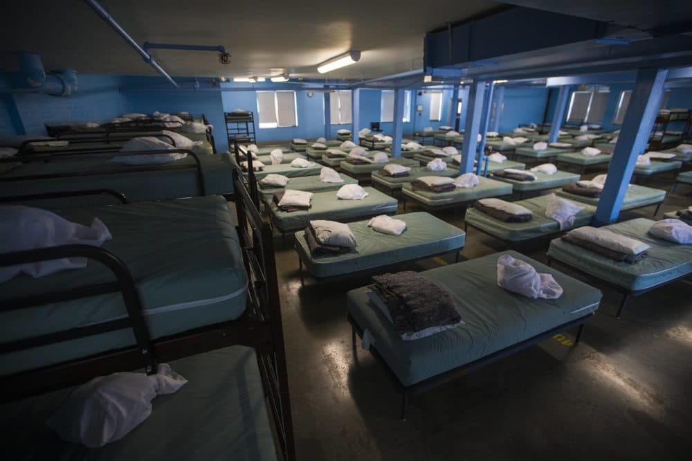 Beds in the men's ward at the Pine Street Inn in Boston. (Jesse Costa/WBUR)