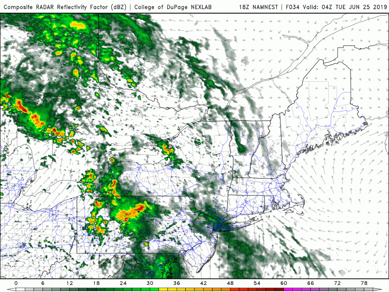Rain showers move through southern New England Tuesday ushering in humid air. (Courtesy COD Weather)