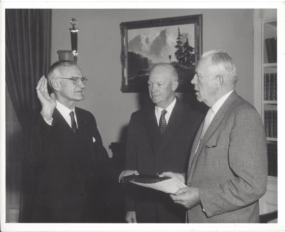 Robert Cutler (left) with President Eisenhower (center) during a swearing-in ceremony. (Courtesy)