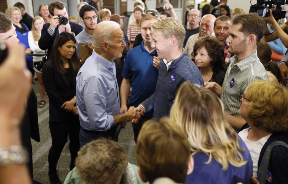 Former Vice President Joe Biden greets audience members after speaking at Clinton Community College, Wednesday, June 12, 2019, in Clinton, Iowa. (Charlie Neibergall/AP)