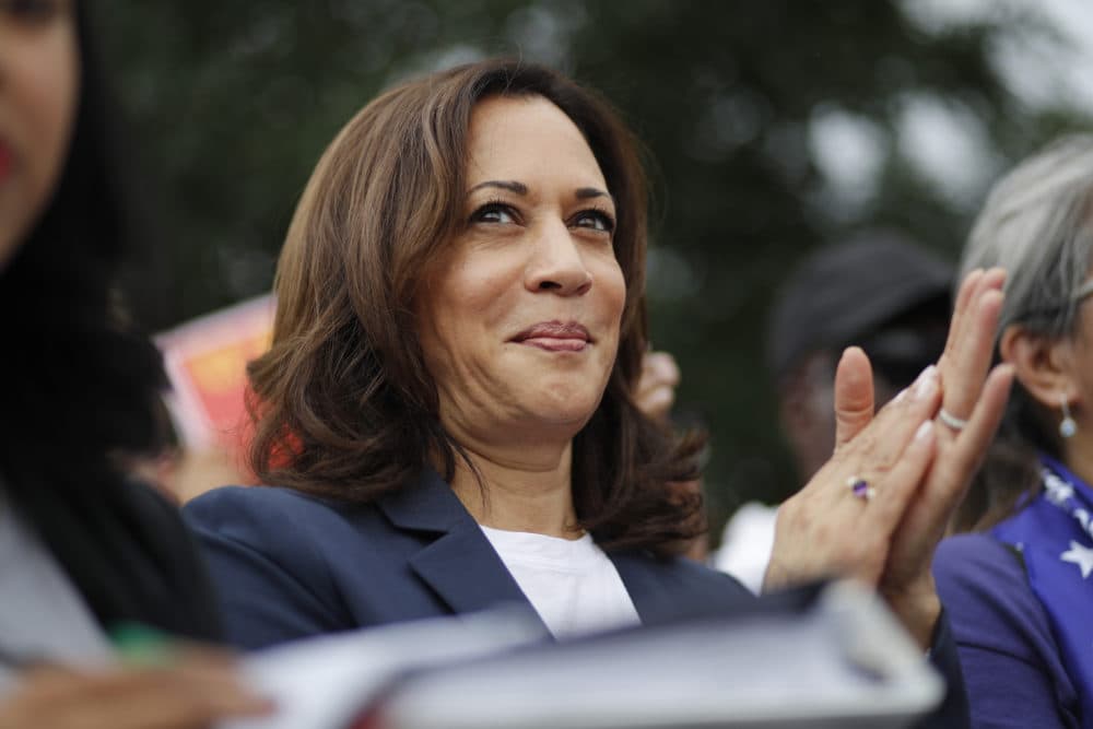 Democratic presidential candidate Sen. Kamala Harris, D-Calif., rallies with people protesting for higher minimum wage on Friday, June 14, in Las Vegas. (John Locher/AP)