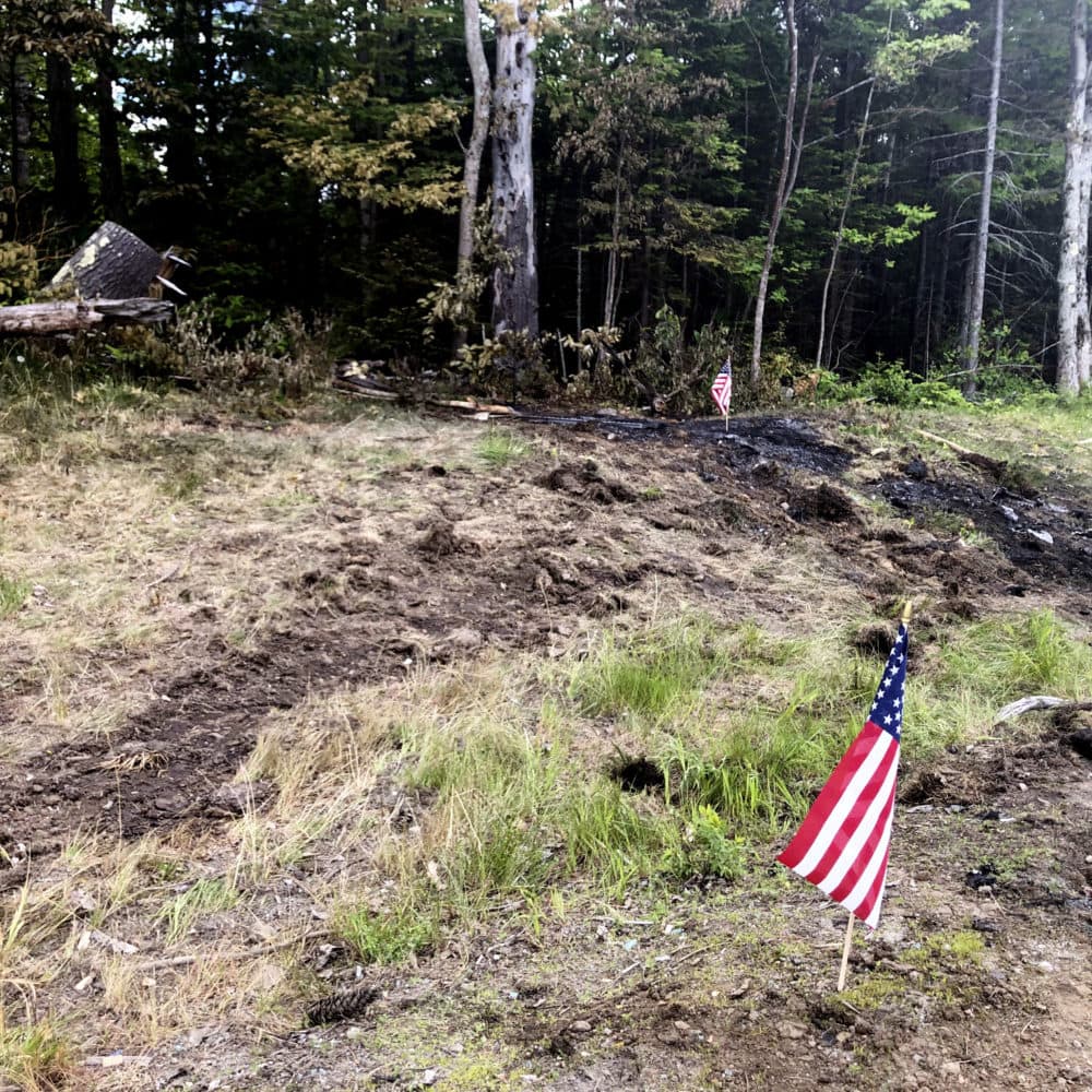 Flags are placed at the scene of an accident involving motorcyclists with a club comprised of ex-United States Marines, who collided late Friday with a pickup truck on a rural highway in Randolph, N.H.(Michael Casey/AP)