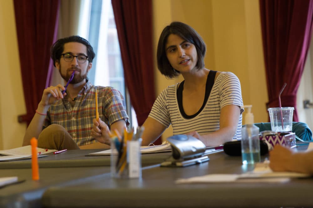 Boston Project Playwright MJ Halberstadt and director Megan Sandberg-Zakian in rehearsal for &quot;The Usual Unusual&quot; in Deane Hall at the Calderwood Pavilion. (Courtesy Paul Fox)