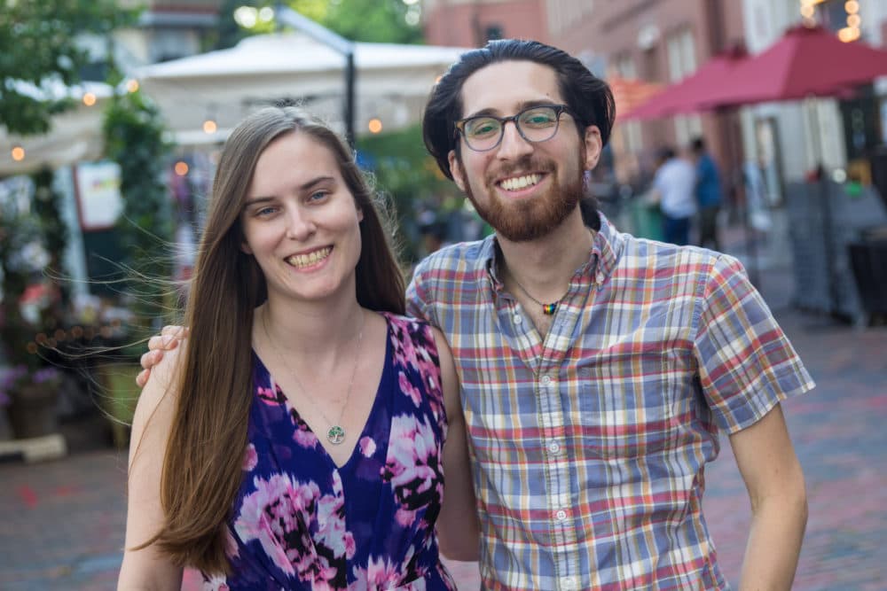 Boston Project playwrights Laura Neill and MJ Halberstadt outside rehearsal on the BCA Plaza in the South End. (Courtesy Paul Fox)