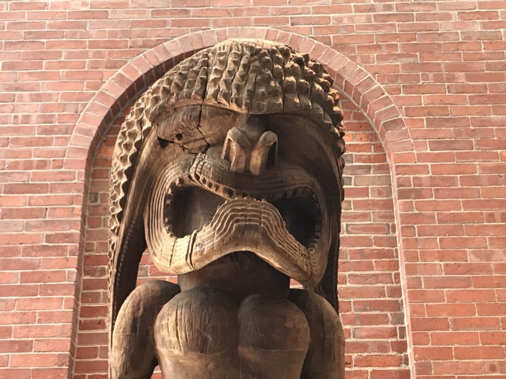 Kūka‘ilimoku is one of four main gods in Hawaiian mythology. This Kū, one of only three in the world, is carved from one large piece of wood. (Andrea Shea / WBUR)