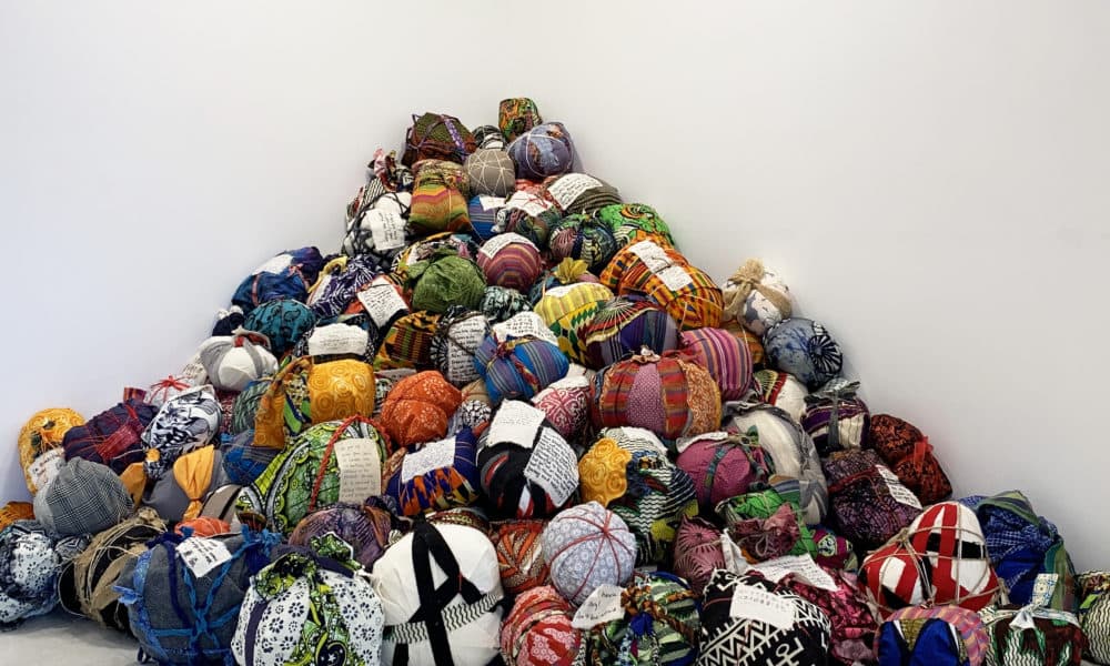 A close-up view of the bundles in Yu-Wen Wu's exhibition &quot;Leavings/Belongings&quot; at the Pao Arts Center. (Courtesy)