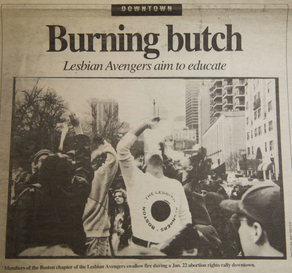 Members of Boston’s Lesbian Avengers eating fire at an abortion rights rally in 1995. (Courtesy The History Project)