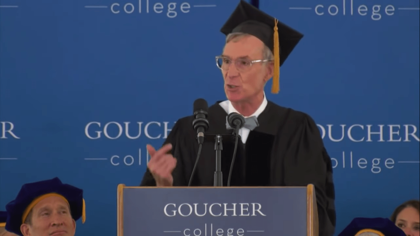 Bill Nye, "the science guy," delivers the 2019 commencement speech at Goucher College in Towson, Maryland. (Screenshot via YouTube/Goucher College)
