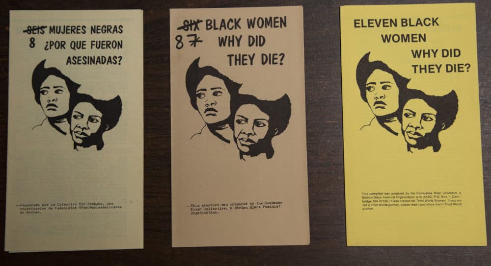 This series of pamphlets was created by the Combahee River Collective to spread awareness of the murders of black women in Boston. They had to update the number on the pamphlet at the number of murdered women increased. 