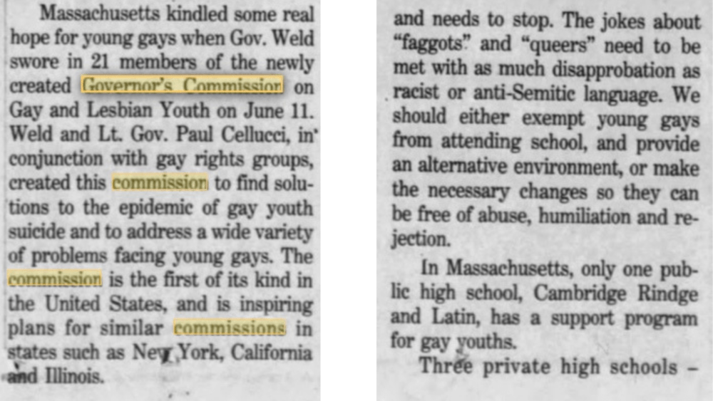 These two articles from 1992 editions of The Boston Globe provide context concerning the creation of the Governor's Commission on Gay and Lesbian Youth. (Courtesy The History Project)