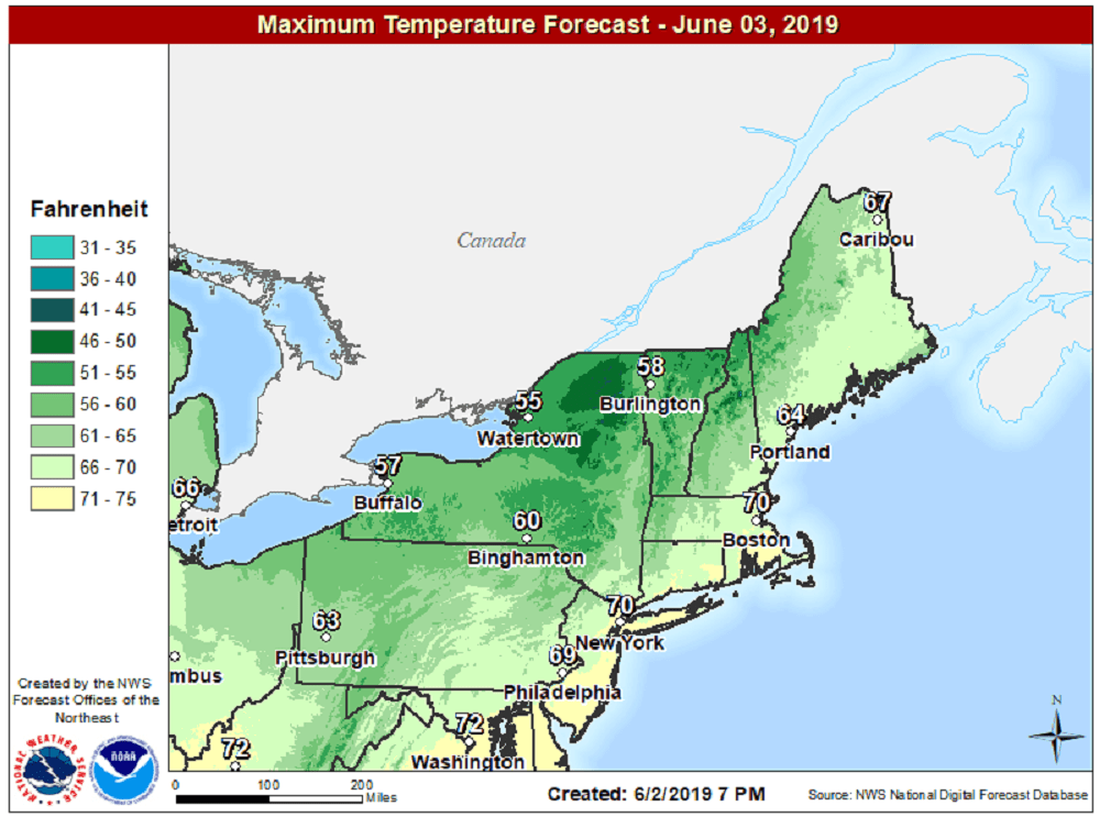 High will be seasonable Monday afternoon within a few degrees of 70. (Courtesy NOAA)