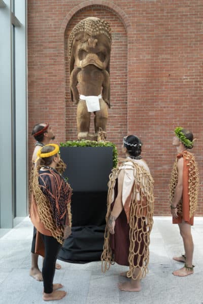 Hawaiian cultural practitioners traveled to Salem for a private ceremony welcoming Kūka‘ilimoku into his new space at the Peabody Essex Museum (Courtesy Peabody Essex Museum / Photo by Kathy Tarantola)